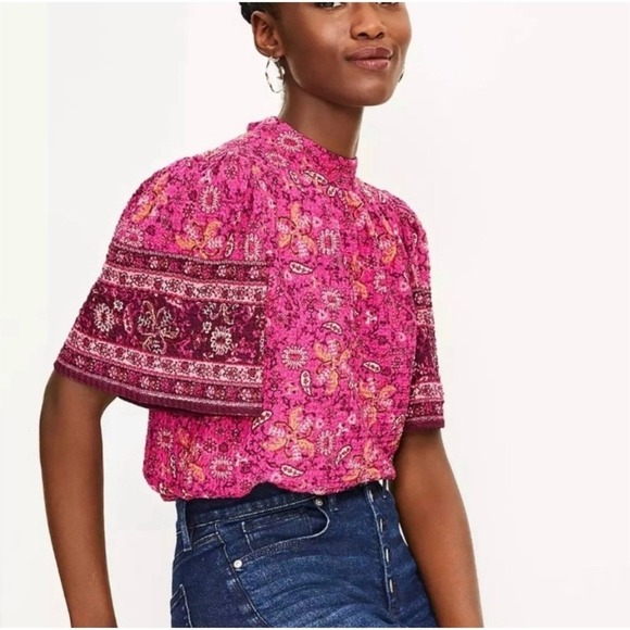 LOFT Tops - LOFT Blouse Top Size Large Pink Floral Print Short Sleeve Boho Feminine Casual